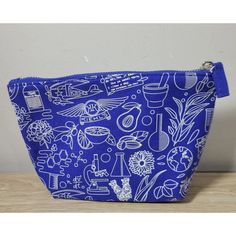 Kiehl's Makeup Cosmetic Travel Bag‎ Blue & White Graphics Canvas